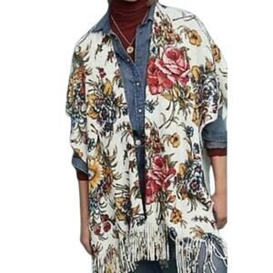 NWT Anthropologie Marseille Floral Fringe Boho Western Chic Sweater Poncho